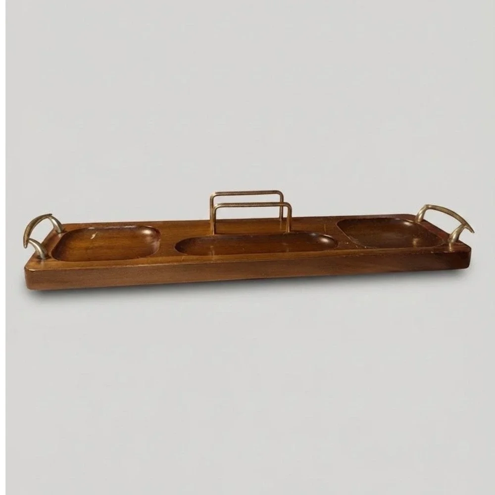 Mid Century Modern Wood Serving Tray with Brass Handles and Napkin Holder MCM